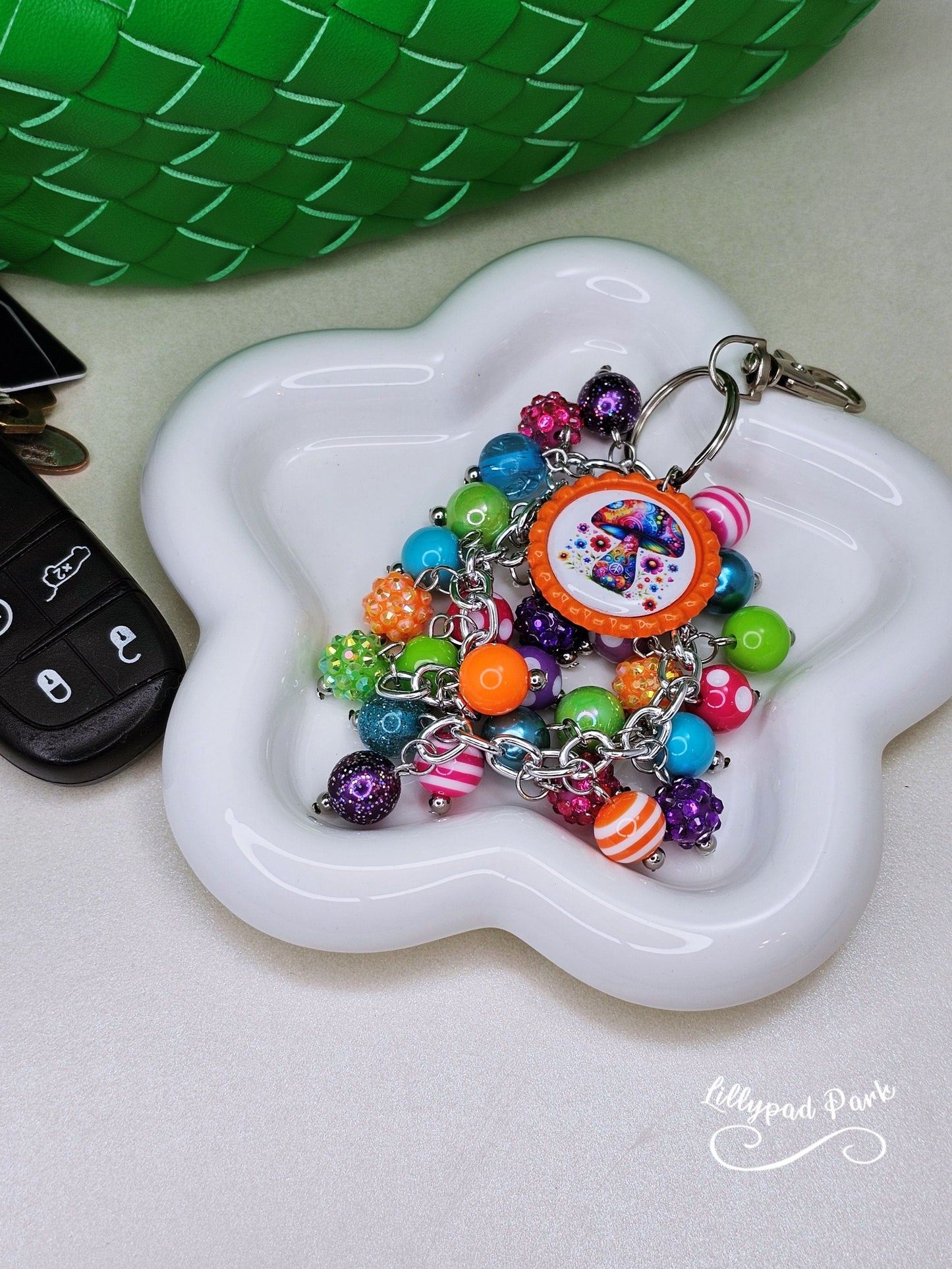 Mushroom Purse Charm, Boho Hippy Rainbow Bling, Backpack Bag Accessory, Peace Love Beaded Charm Gift Zipper Pull,