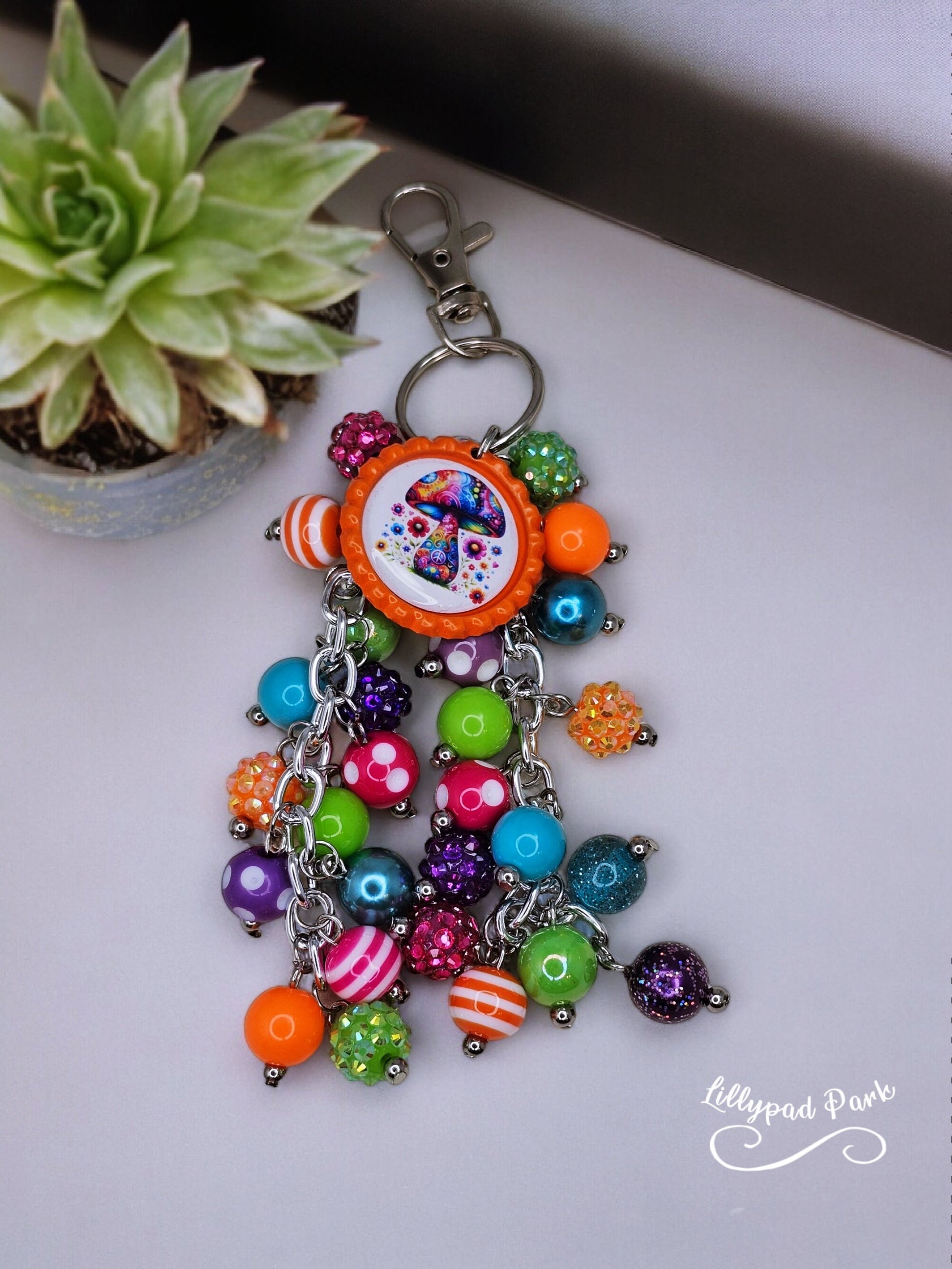 Mushroom Purse Charm, Boho Hippy Rainbow Bling, Backpack Bag Accessory, Peace Love Beaded Charm Gift Zipper Pull,