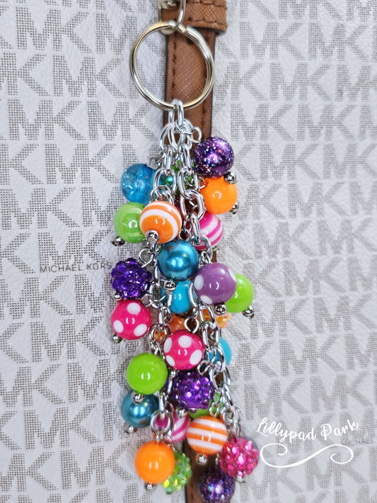 Purple Pink Green Blue Orange keychain Purse Charm, Boho Hippy Rainbow Bling, Backpack Accessory, Peace Love Beaded Charm Gift Zipper Pull,