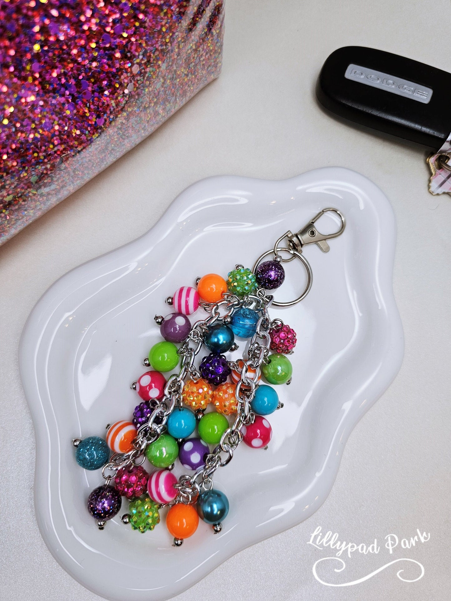 Purple Pink Green Blue Orange keychain Purse Charm, Boho Hippy Rainbow Bling, Backpack Accessory, Peace Love Beaded Charm Gift Zipper Pull,
