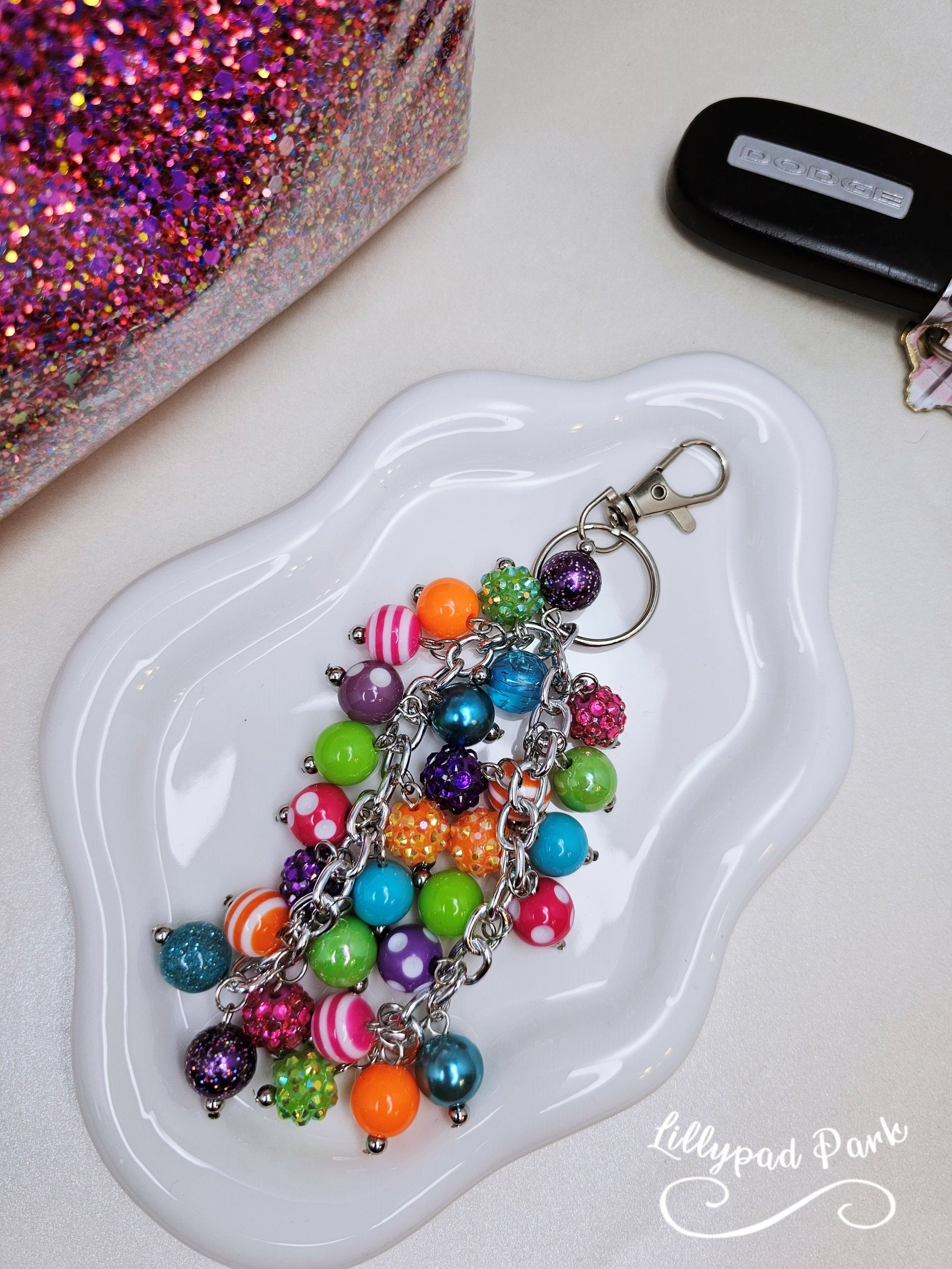 Purple Pink Green Blue Orange keychain Purse Charm, Boho Hippy Rainbow Bling, Backpack Accessory, Peace Love Beaded Charm Gift Zipper Pull,