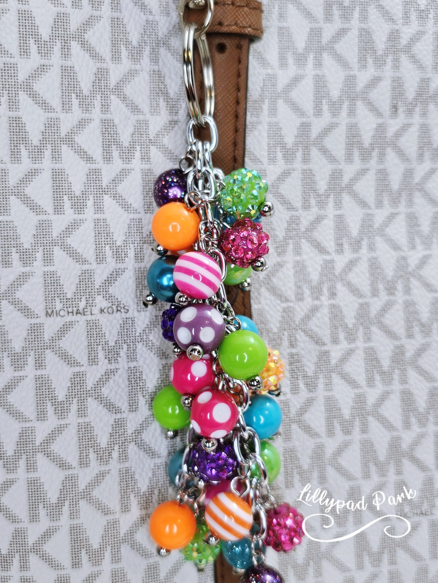 Purple Pink Green Blue Orange keychain Purse Charm, Boho Hippy Rainbow Bling, Backpack Accessory, Peace Love Beaded Charm Gift Zipper Pull,