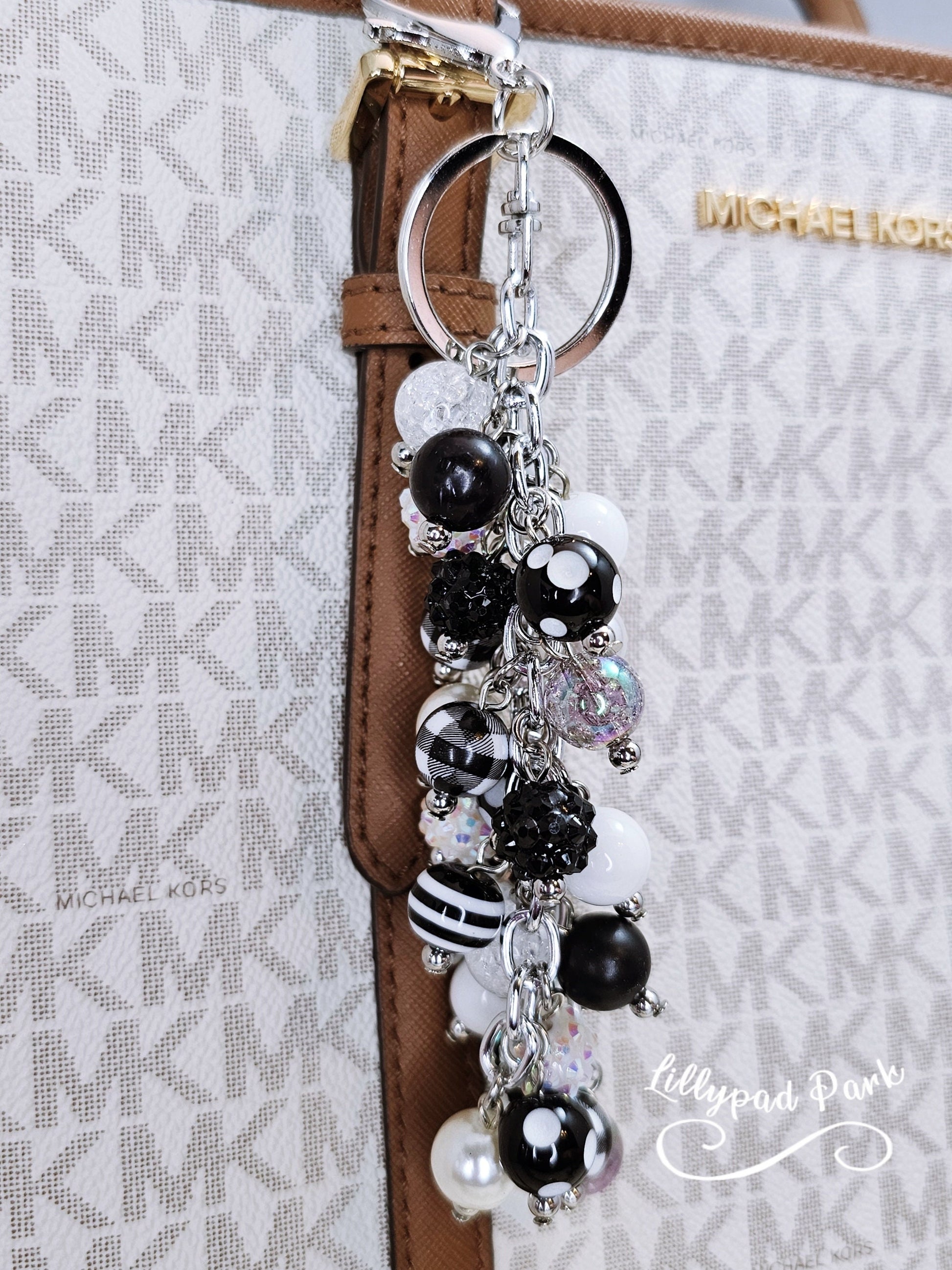 Buffalo Plaid Black and White Purse charm, Purse Charm Bag Charm, Purse accessory, Beaded accessory, Zipper Charm