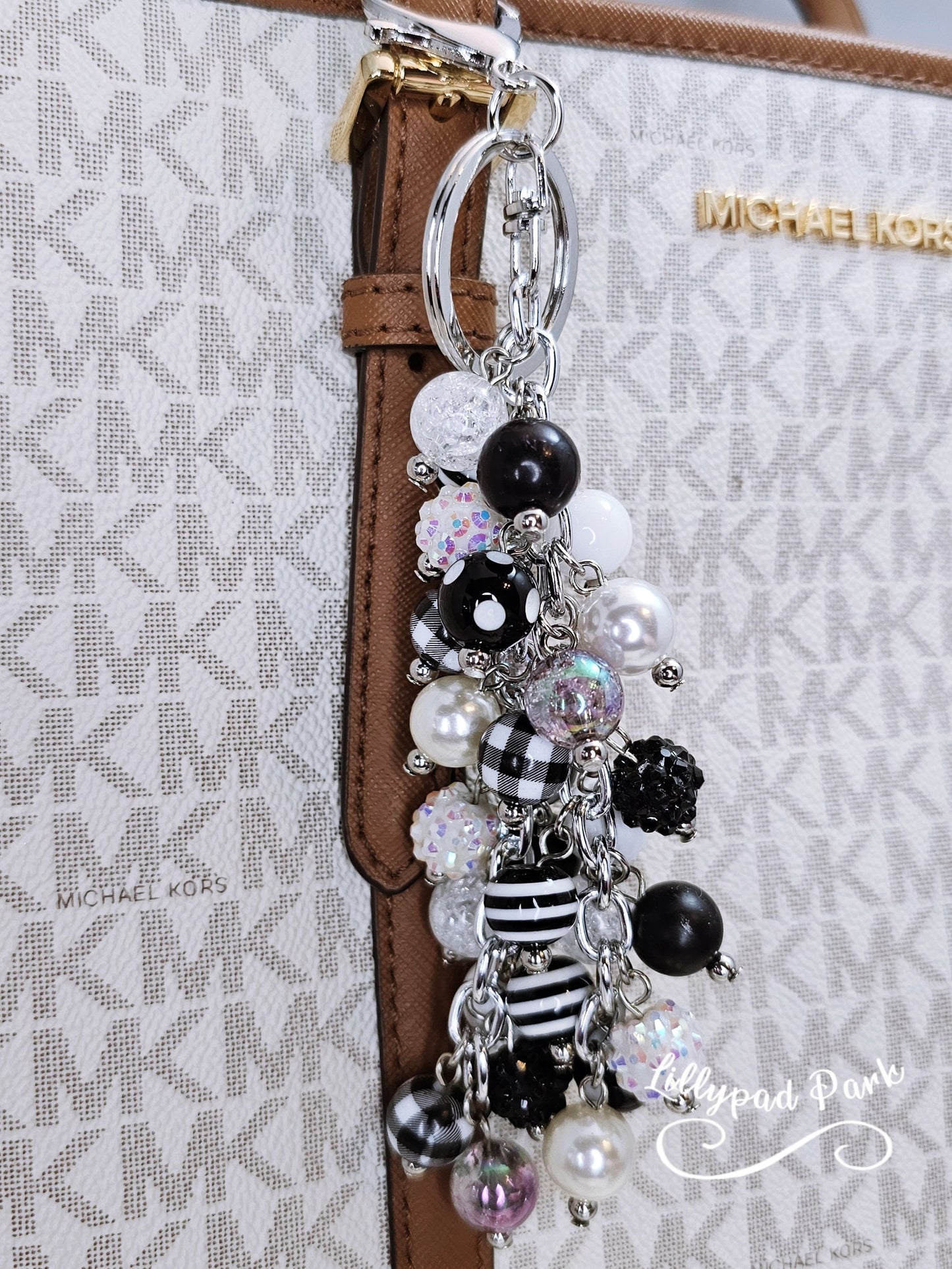 Buffalo Plaid Black and White Purse charm, Purse Charm Bag Charm, Purse accessory, Beaded accessory, Zipper Charm