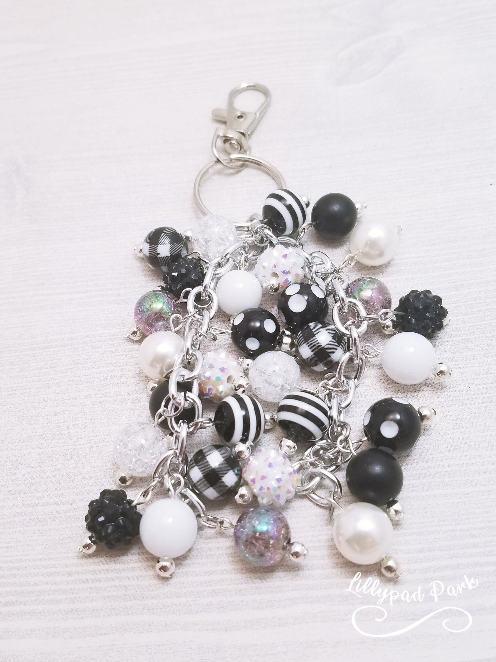 Buffalo Plaid Black and White Purse charm, Purse Charm Bag Charm, Purse accessory, Beaded accessory, Zipper Charm