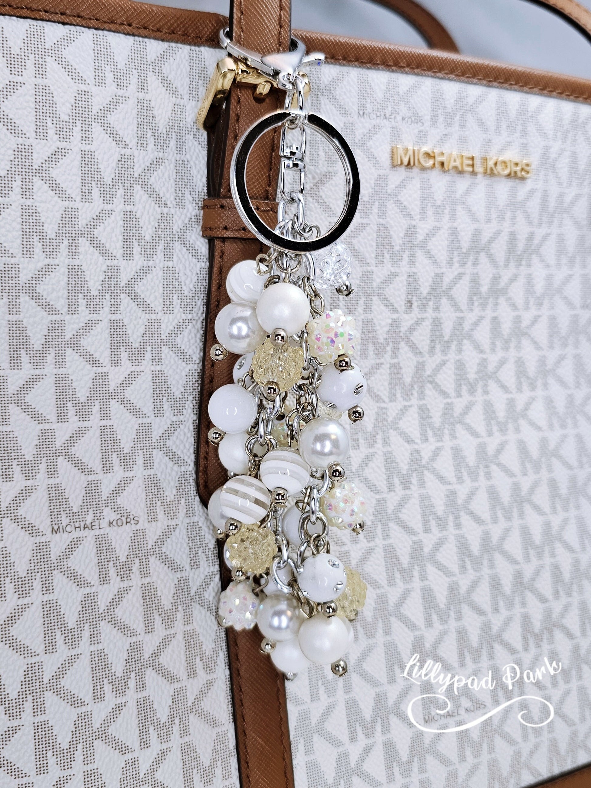 White and Pearls Purse charm, Purse Charm, Bag Charm, Purse accessory, Beaded accessory, Sparkly Keychain