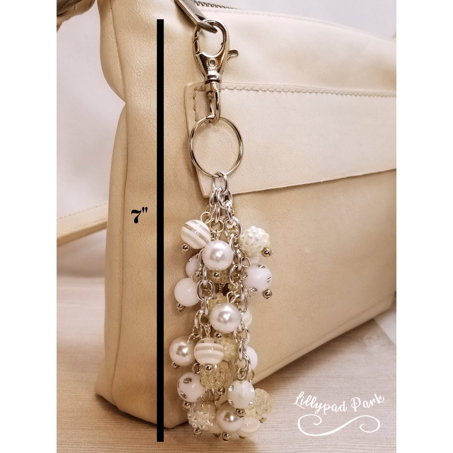White and Pearls Purse charm, Purse Charm, Bag Charm, Purse accessory, Beaded accessory, Sparkly Keychain