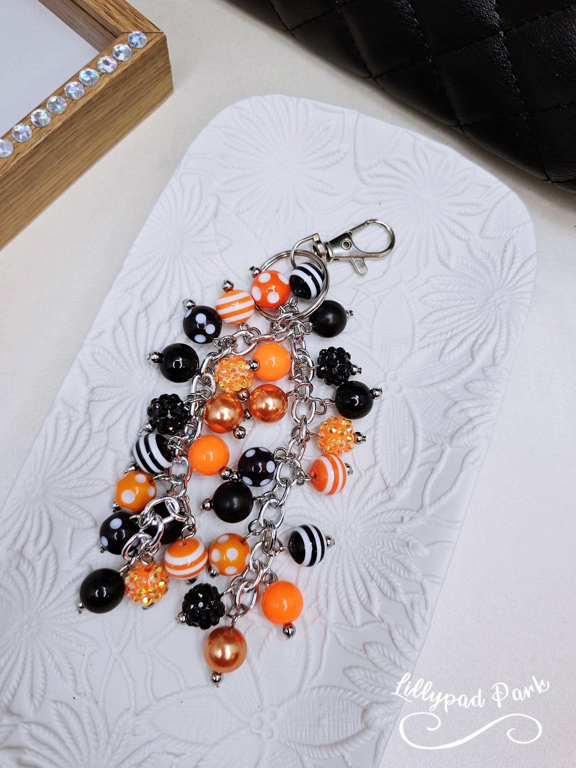 Orange and Black Purse charm, Bag Charm, Purse accessory, Beaded accessory, Halloween Bling