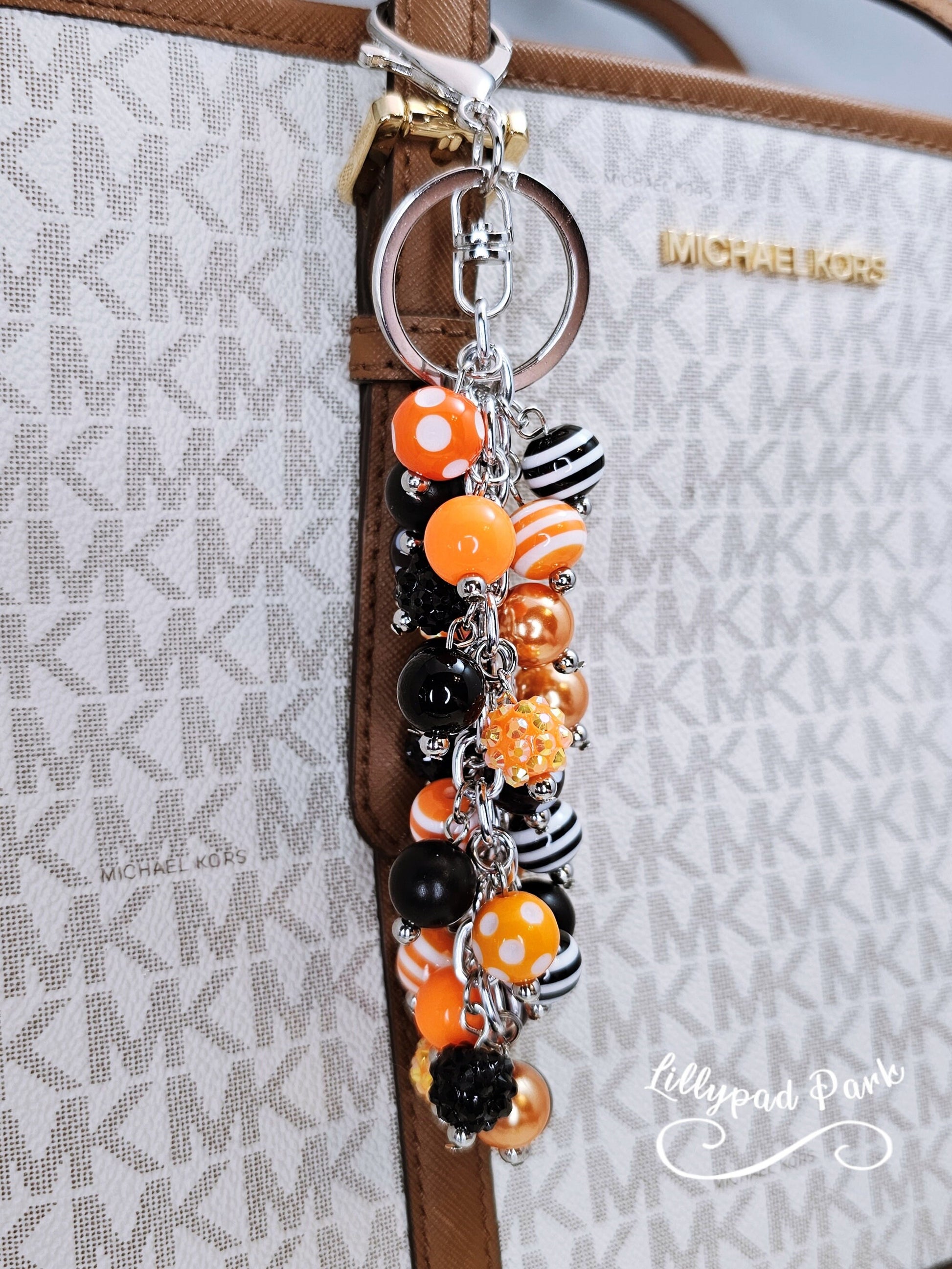 Orange and Black Purse charm, Bag Charm, Purse accessory, Beaded accessory, Halloween Bling
