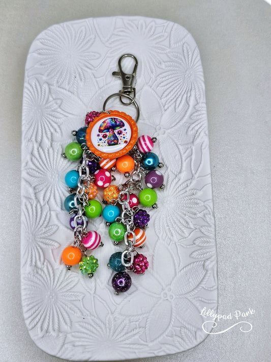 Mushroom Purse Charm, Boho Hippy Rainbow Bling, Backpack Bag Accessory, Peace Love Beaded Charm Gift Zipper Pull,