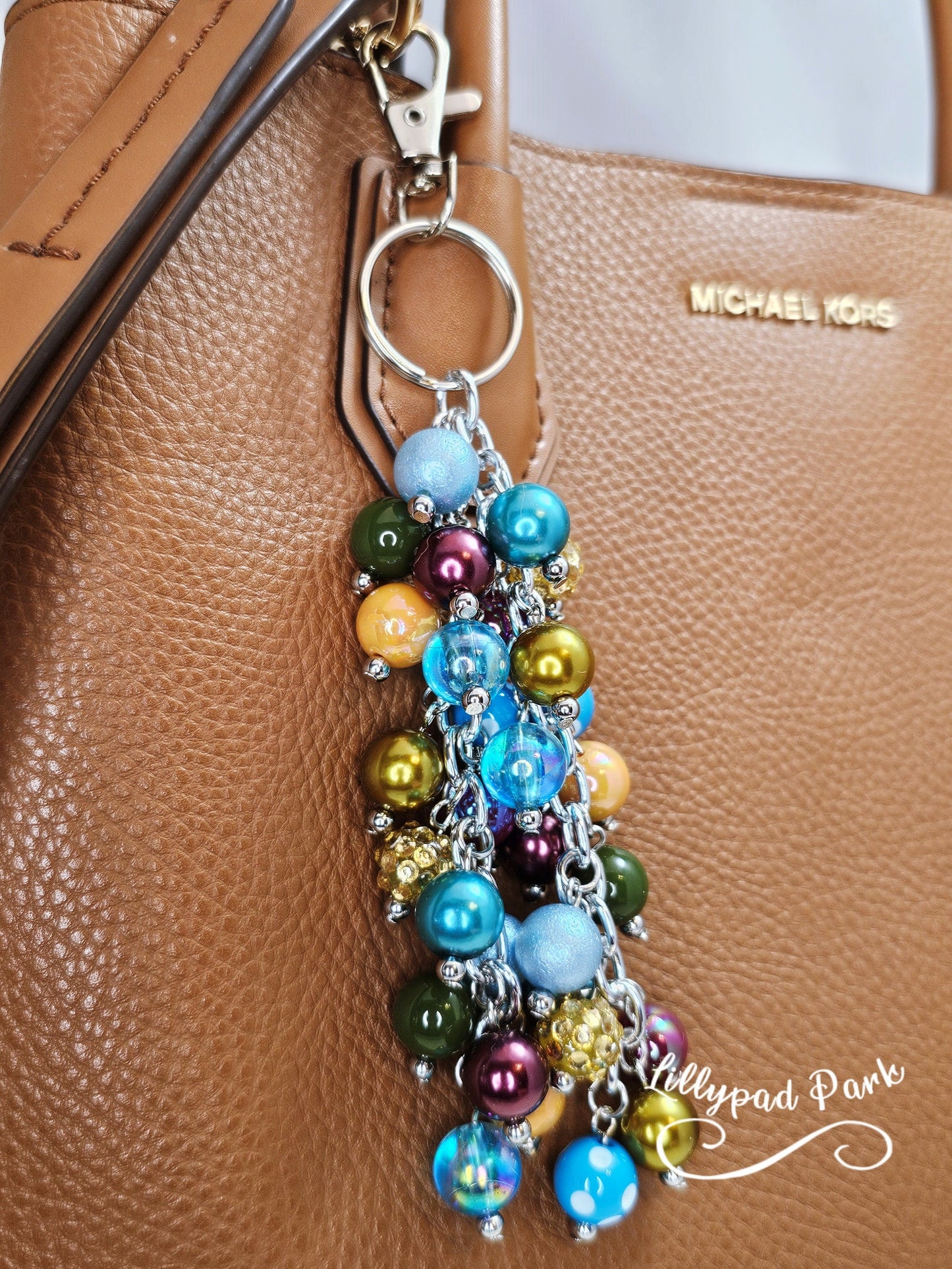 Maroon Blue Green Gold Purse charm, Bag Charm, Purse accessory, Beaded accessory, shiny keychain, Evermore, Autumn, Midnight