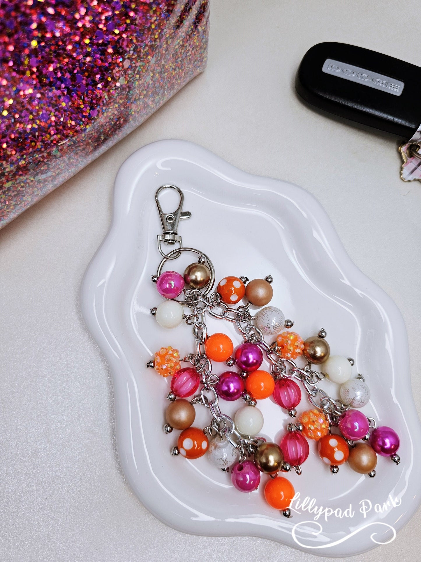 Orange Pink Tan White Purse charm, Bag Charm, Purse accessory, Beaded accessory, shiny keychain, Fun Halloween