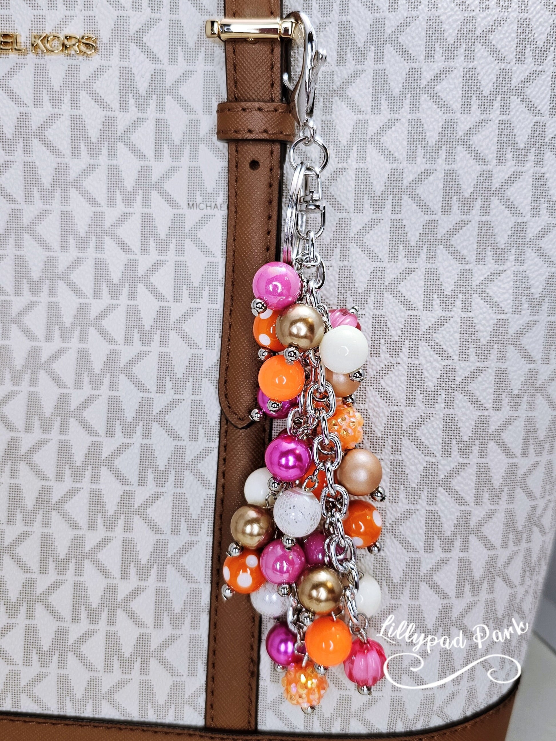 Orange Pink Tan White Purse charm, Bag Charm, Purse accessory, Beaded accessory, shiny keychain, Fun Halloween