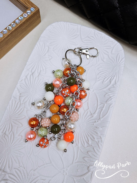 Orange Coral Green and Green Purse charm, Bag Charm, Purse accessory, Beaded accessory, shiny keychain, Evermore, Autumn, 70s Era