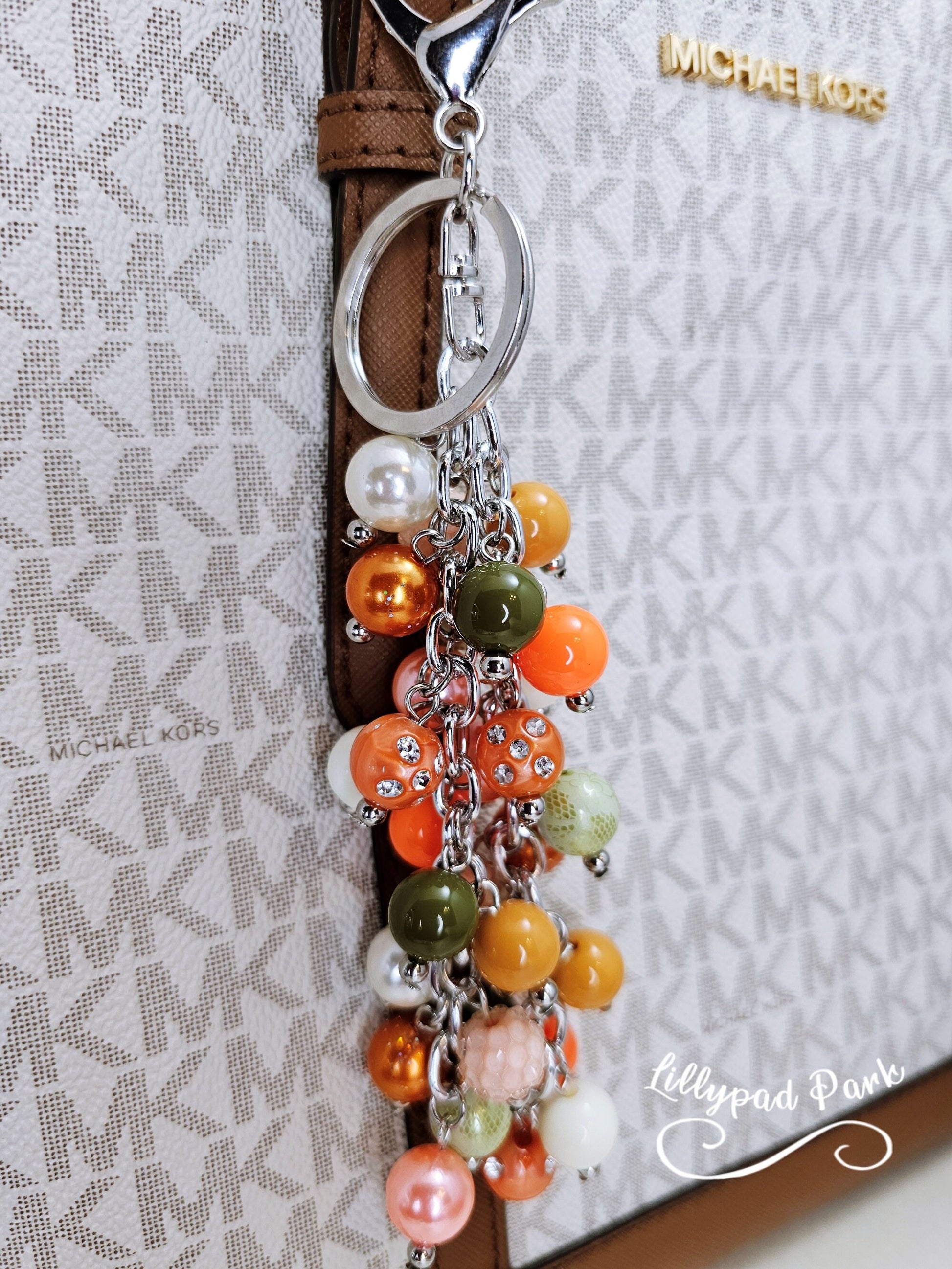 Orange Coral Green and Green Purse charm, Bag Charm, Purse accessory, Beaded accessory, shiny keychain, Evermore, Autumn, 70s Era