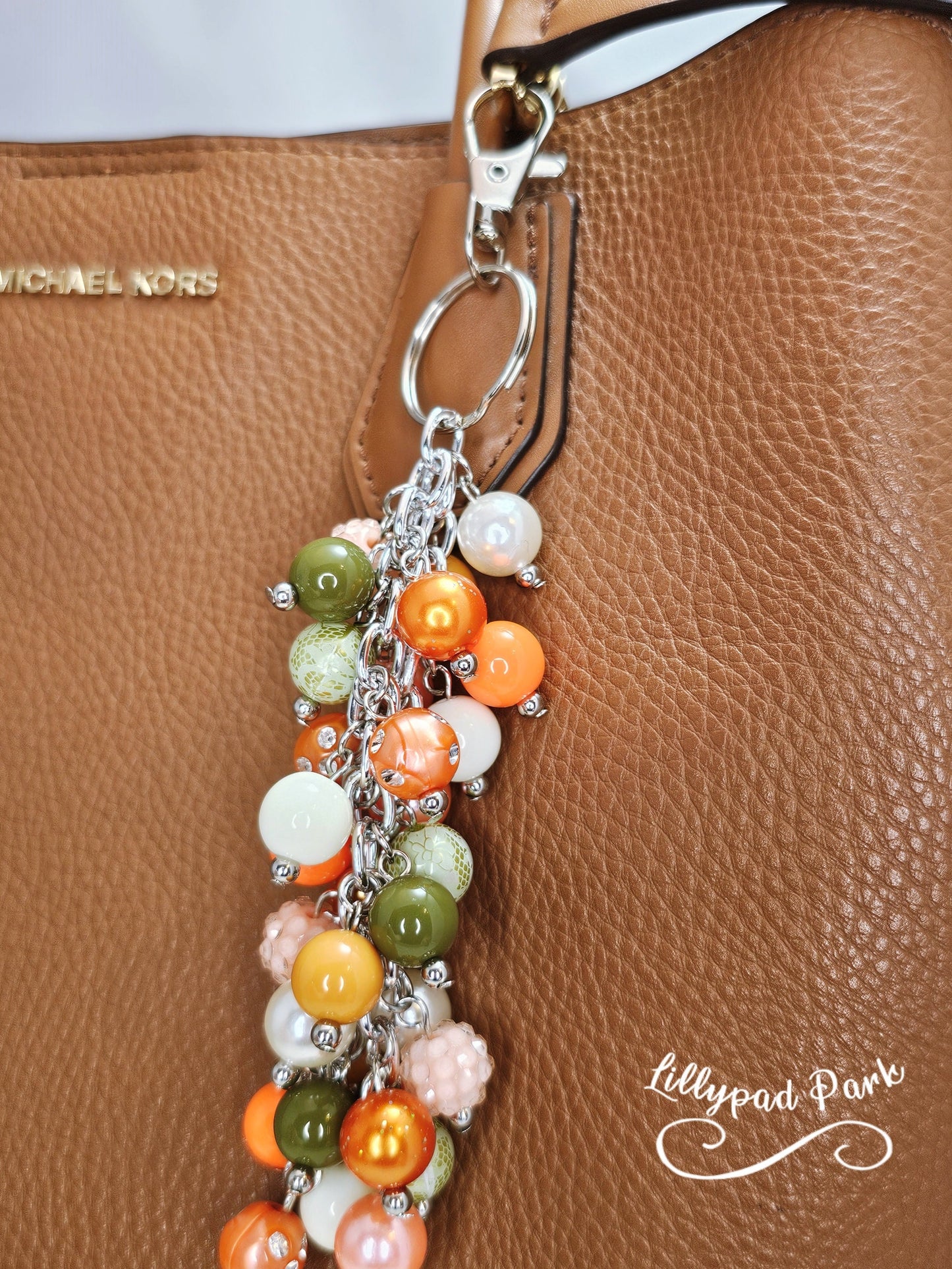 Orange Coral Green and Green Purse charm, Bag Charm, Purse accessory, Beaded accessory, shiny keychain, Evermore, Autumn, 70s Era