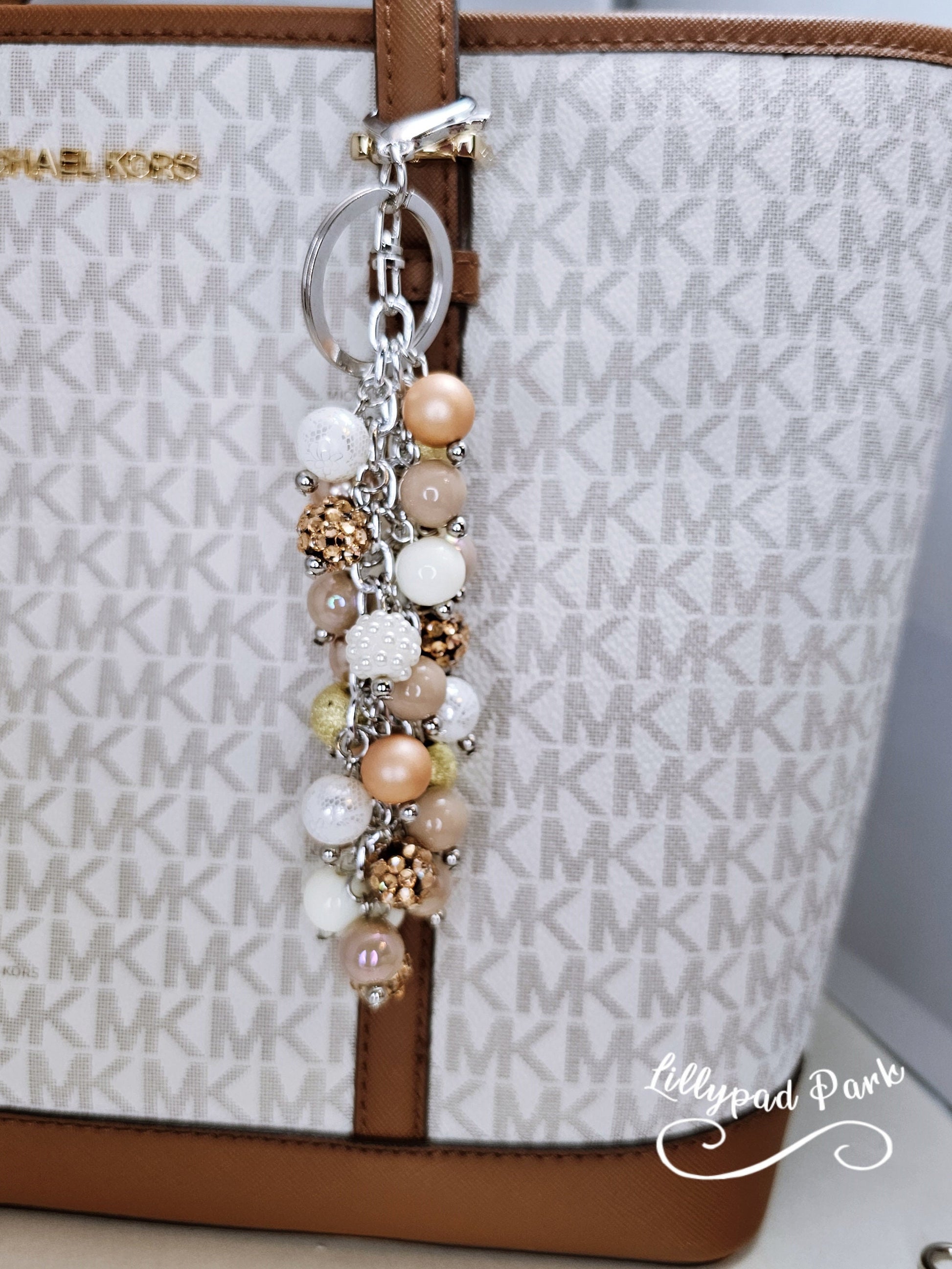 White Gold Cream Purse charm, Bag Charm, Purse accessory, Beaded accessory, shiny keychain, Champaign, Bridesmaids gifts, Brides Gift