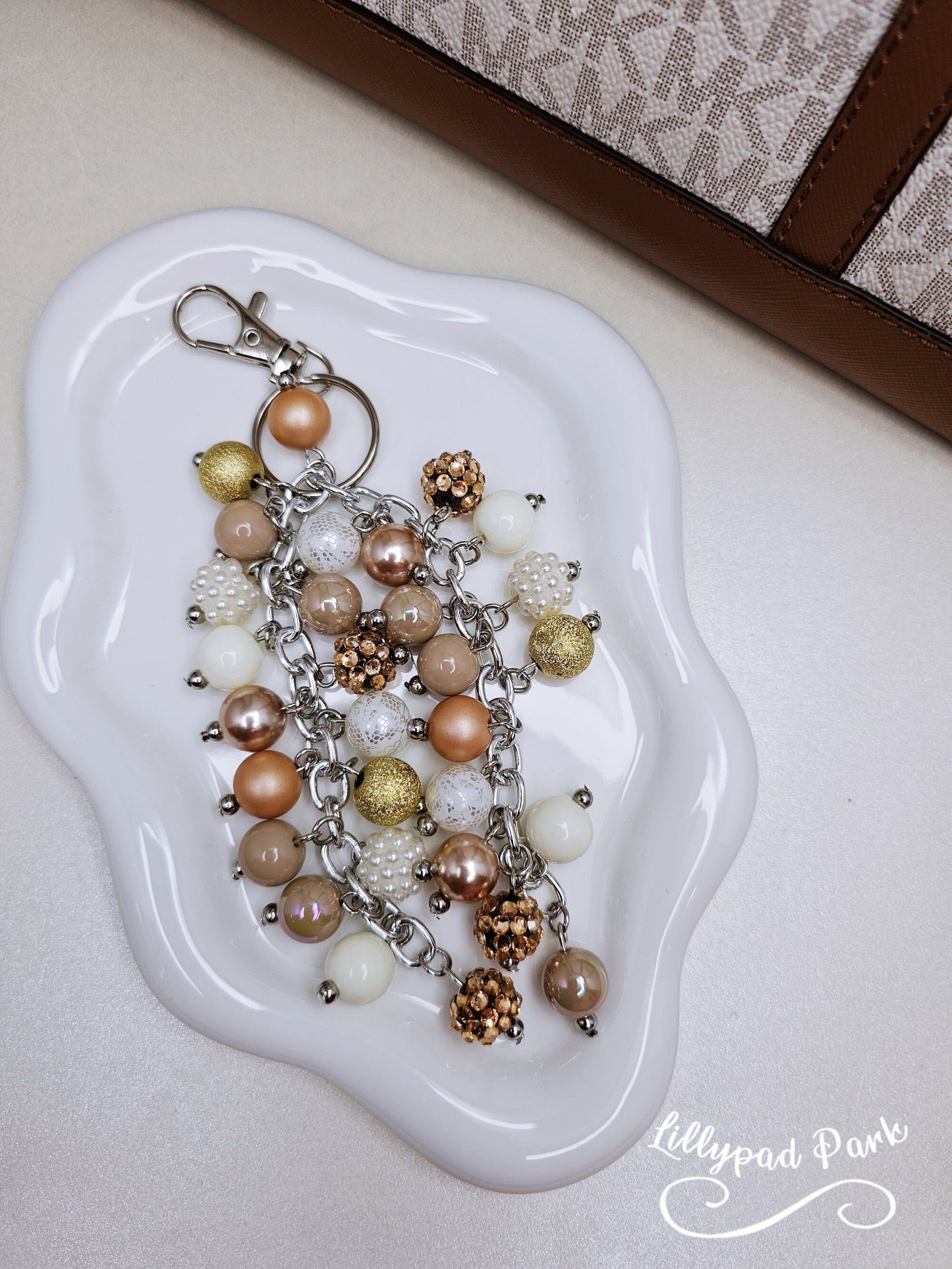 White Gold Cream Purse charm, Bag Charm, Purse accessory, Beaded accessory, shiny keychain, Champaign, Bridesmaids gifts, Brides Gift