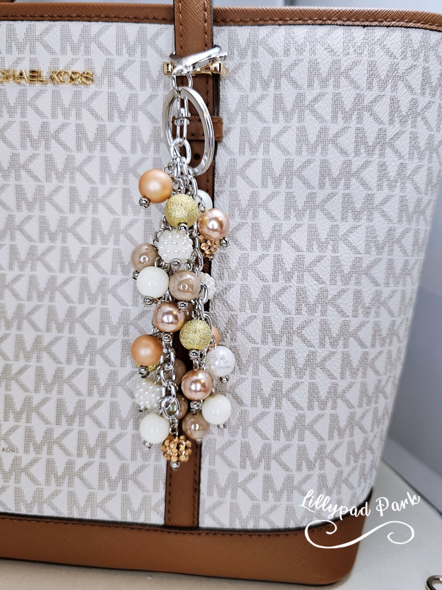 White Gold Cream Purse charm, Bag Charm, Purse accessory, Beaded accessory, shiny keychain, Champaign, Bridesmaids gifts, Brides Gift