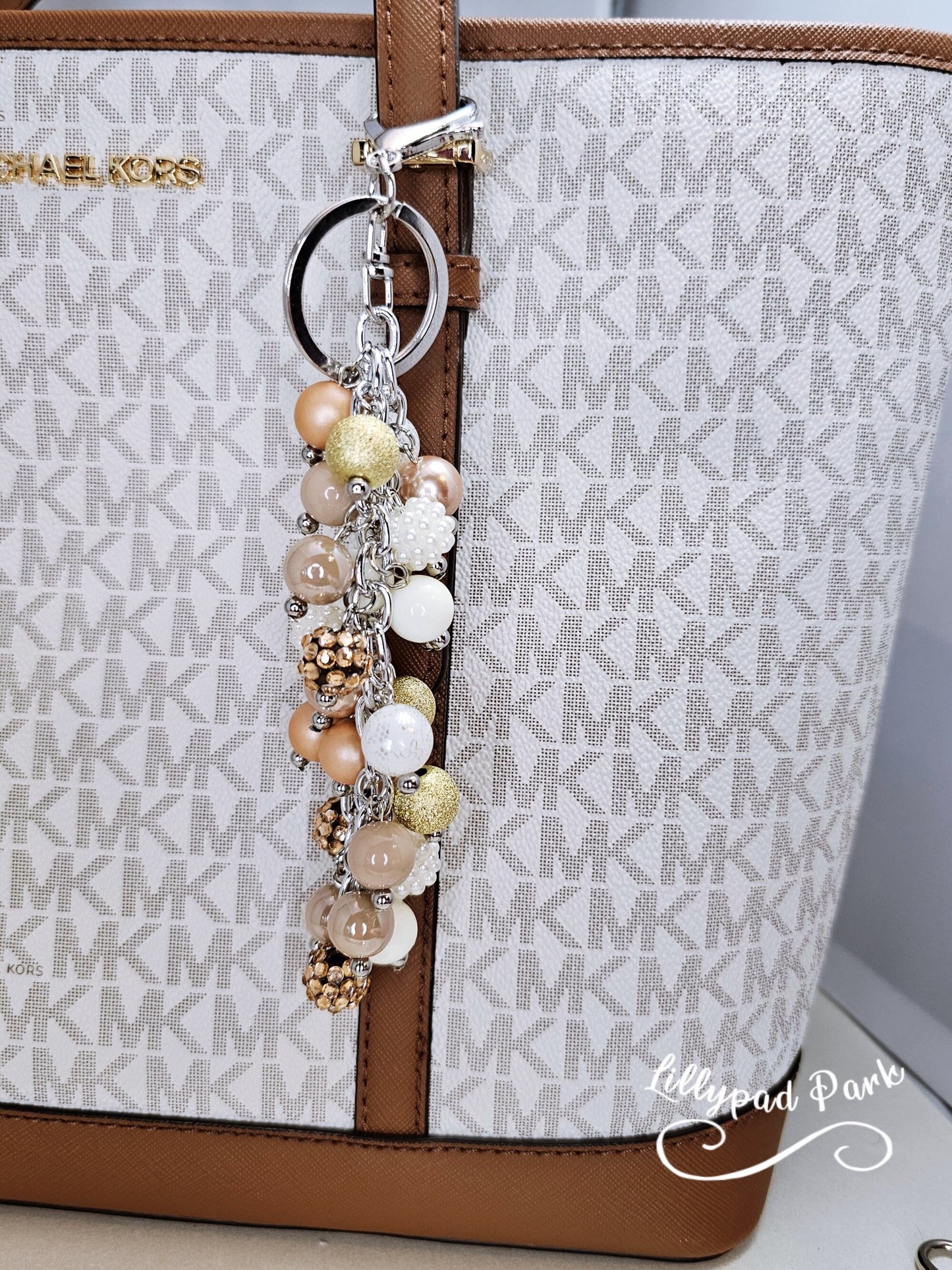 White Gold Cream Purse charm, Bag Charm, Purse accessory, Beaded accessory, shiny keychain, Champaign, Bridesmaids gifts, Brides Gift