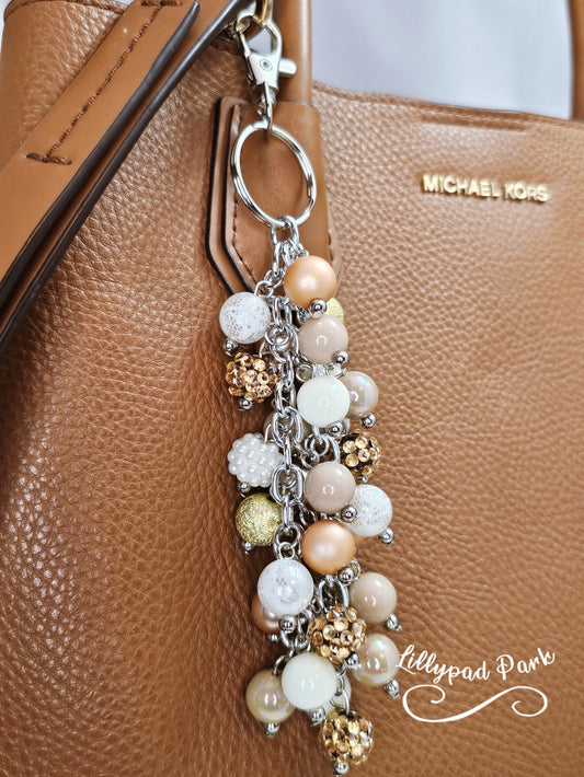 White Gold Cream Purse charm, Bag Charm, Purse accessory, Beaded accessory, shiny keychain, Champaign, Bridesmaids gifts, Brides Gift