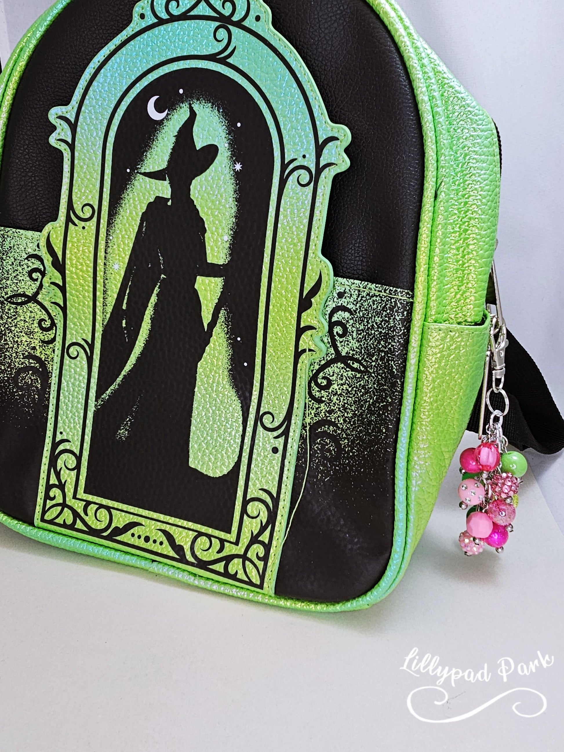 Green and Pink Luxury Mini bag charm, Wicked Mini Purse charm for Handbags, Purse accessory, hand beaded, Wicked bling