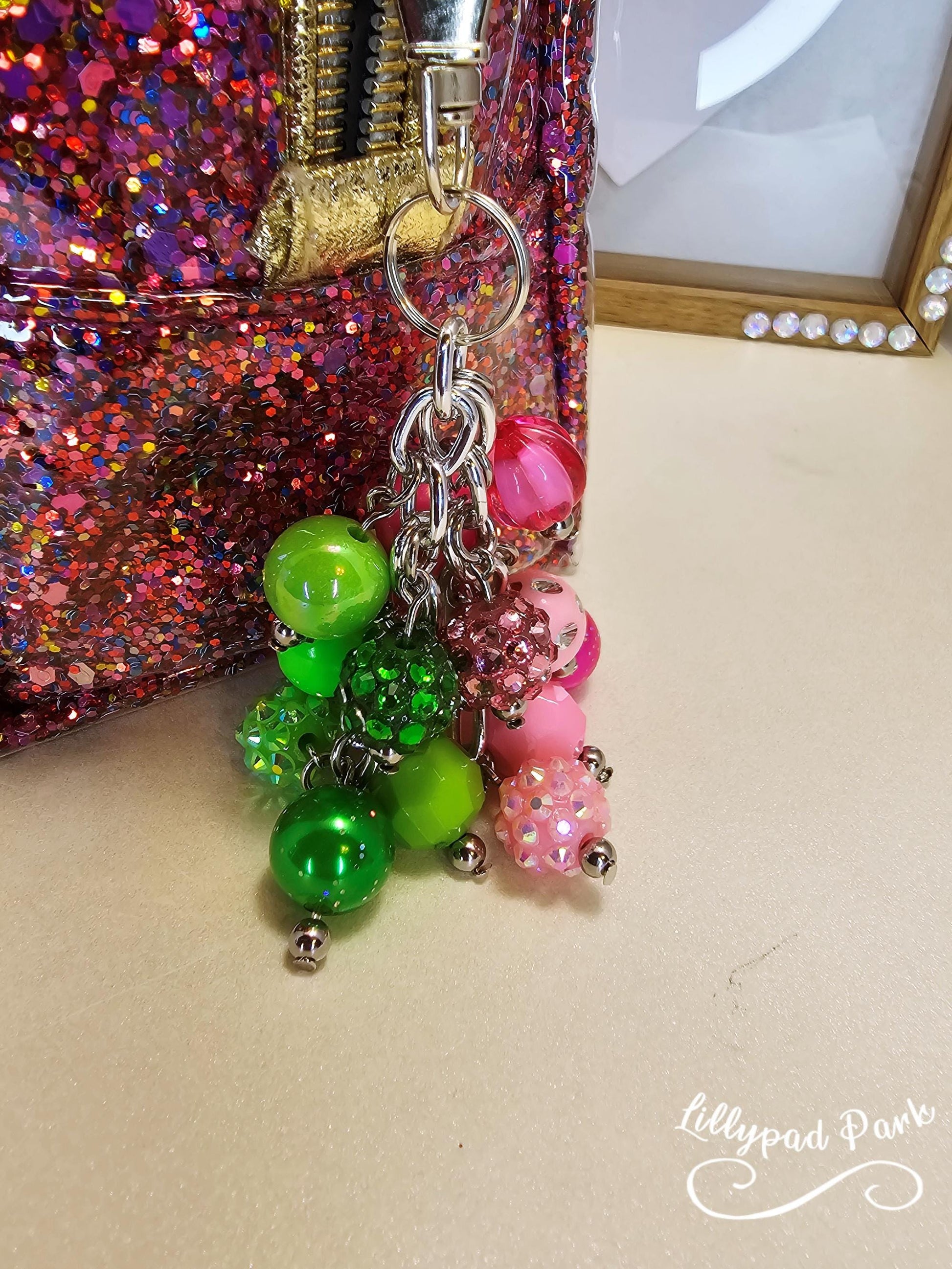 Green and Pink Luxury Mini bag charm, Wicked Mini Purse charm for Handbags, Purse accessory, hand beaded, Wicked bling