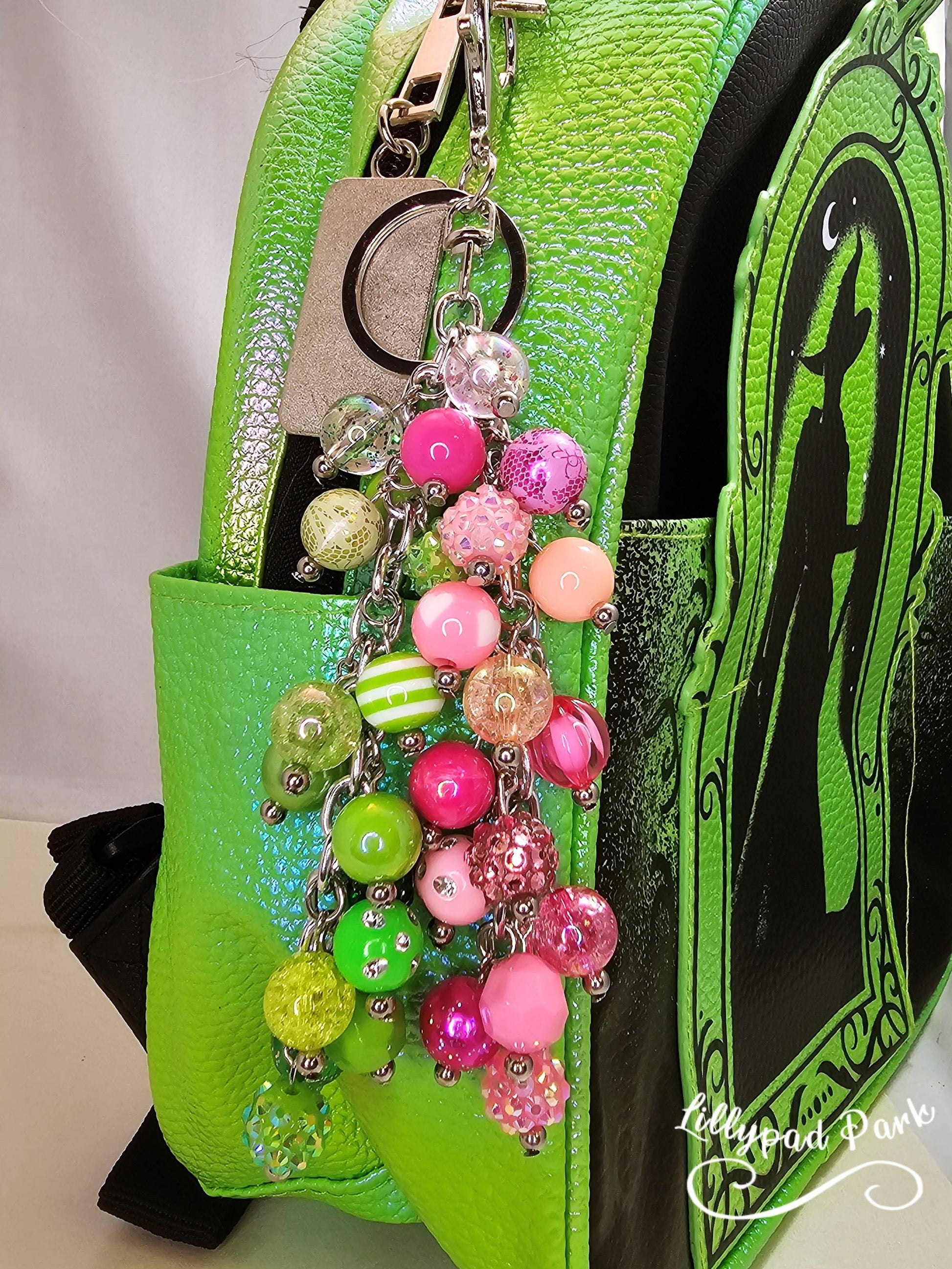 Green and Pink Luxury bag charm, Wicked Purse charm for Handbags, Purse accessory, hand beaded, Wicked bling