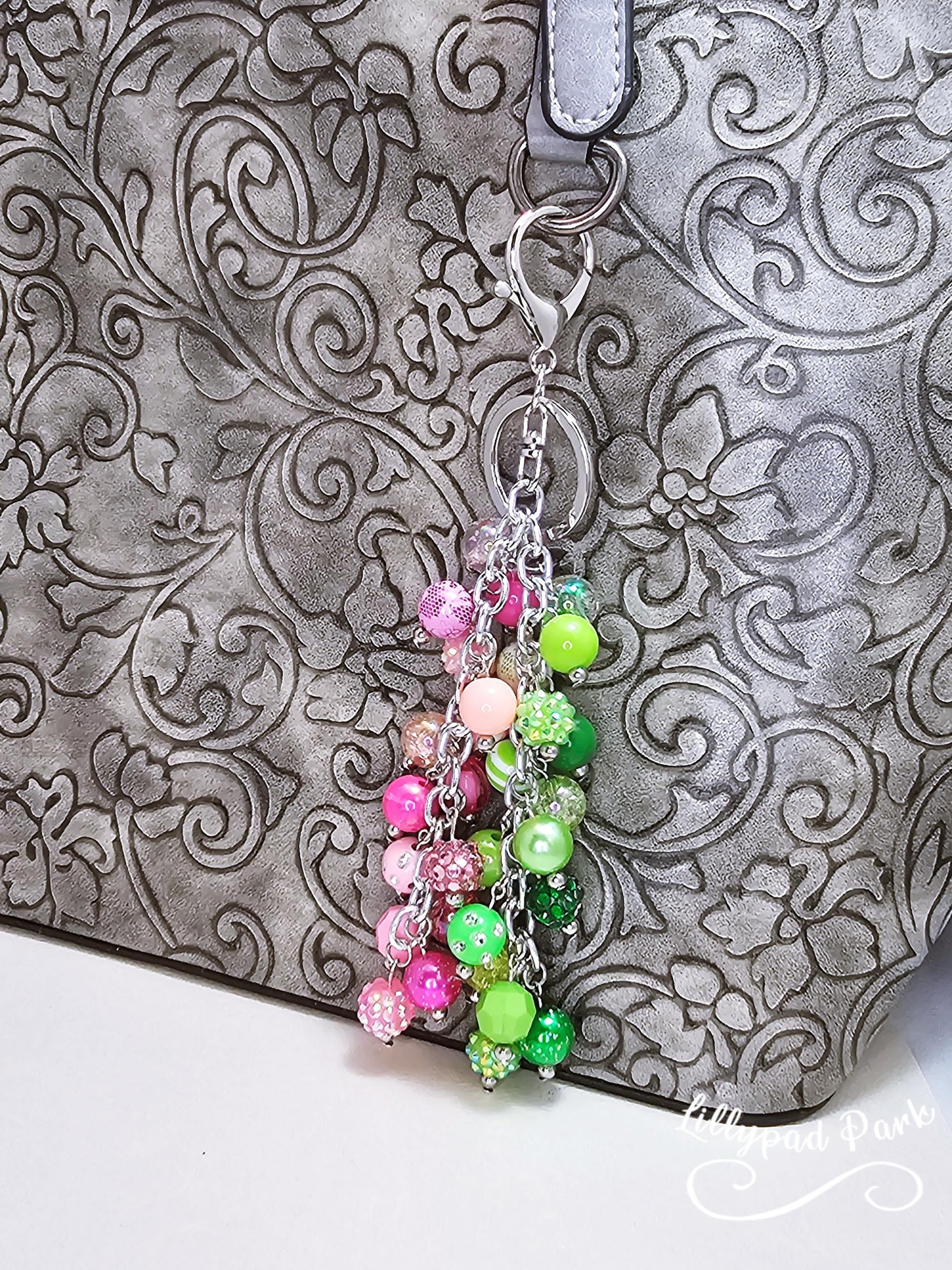 Green and Pink Luxury bag charm, Wicked Purse charm for Handbags, Purse accessory, hand beaded, Wicked bling