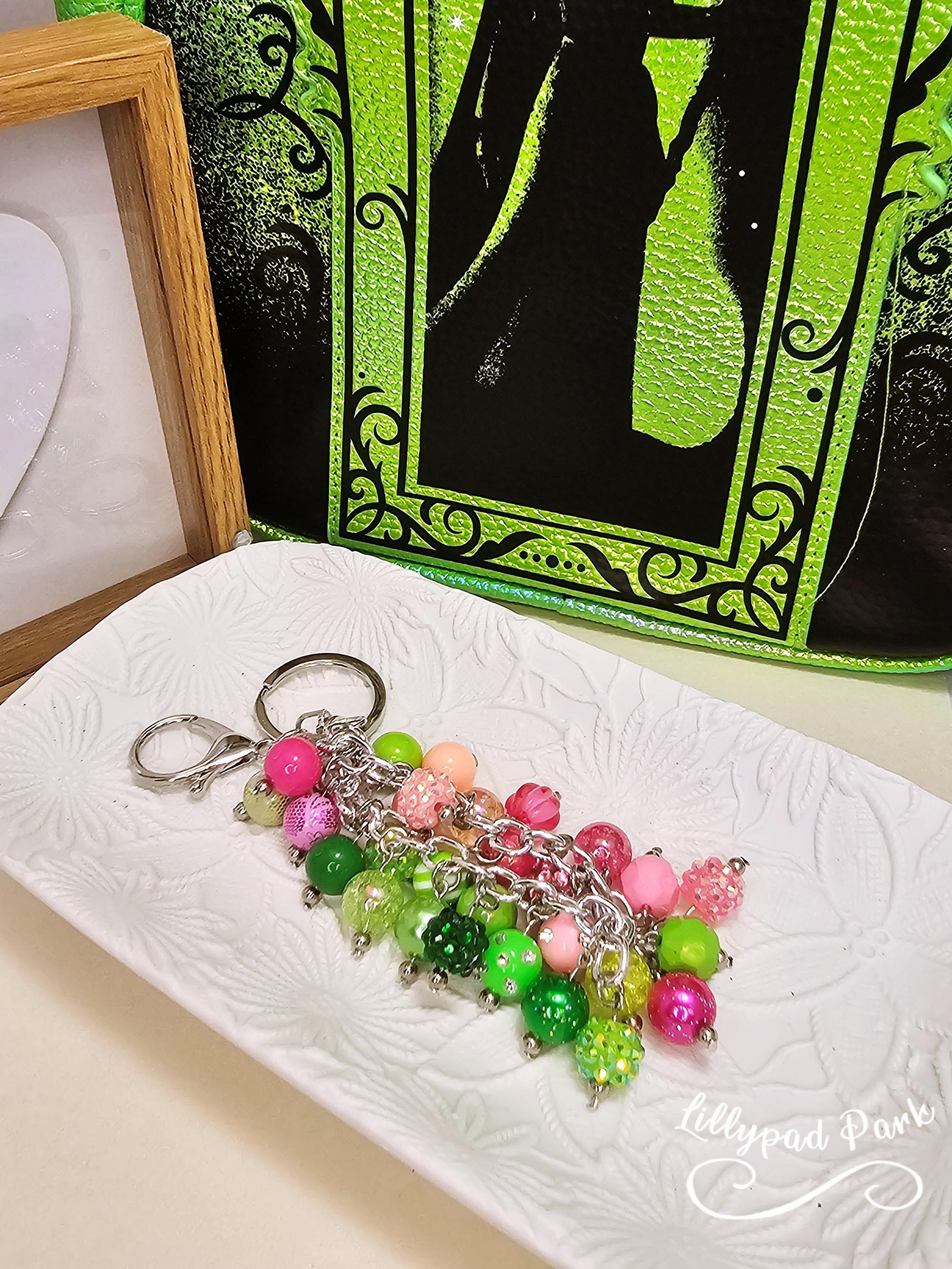 Green and Pink Luxury bag charm, Wicked Purse charm for Handbags, Purse accessory, hand beaded, Wicked bling