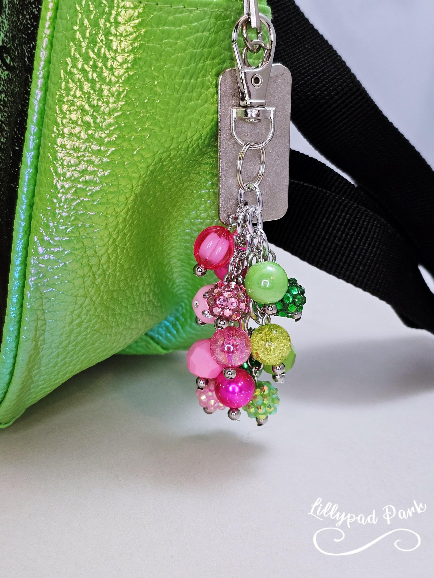Green and Pink Luxury Mini bag charm, Wicked Mini Purse charm for Handbags, Purse accessory, hand beaded, Wicked bling