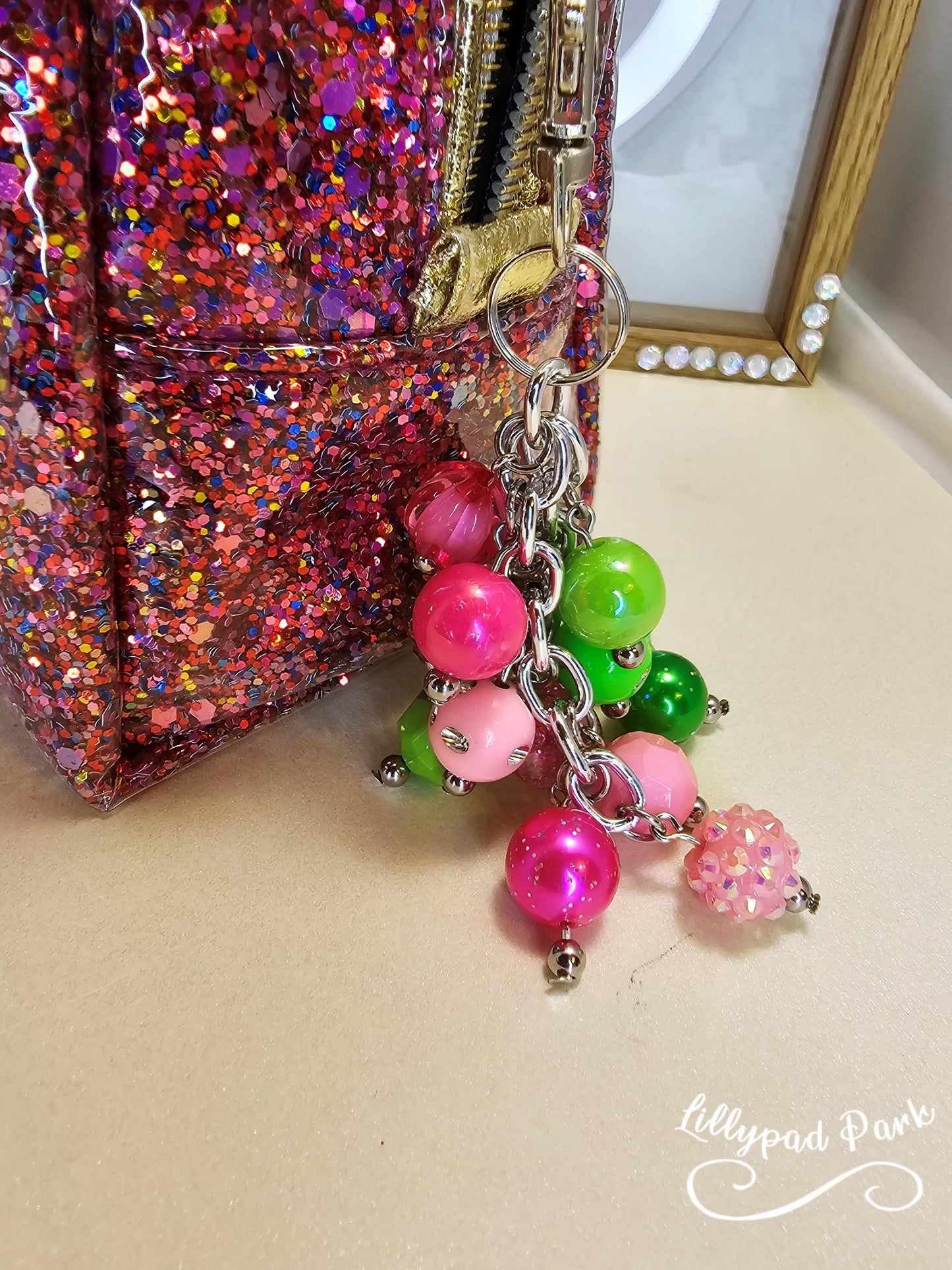 Green and Pink Luxury Mini bag charm, Wicked Mini Purse charm for Handbags, Purse accessory, hand beaded, Wicked bling