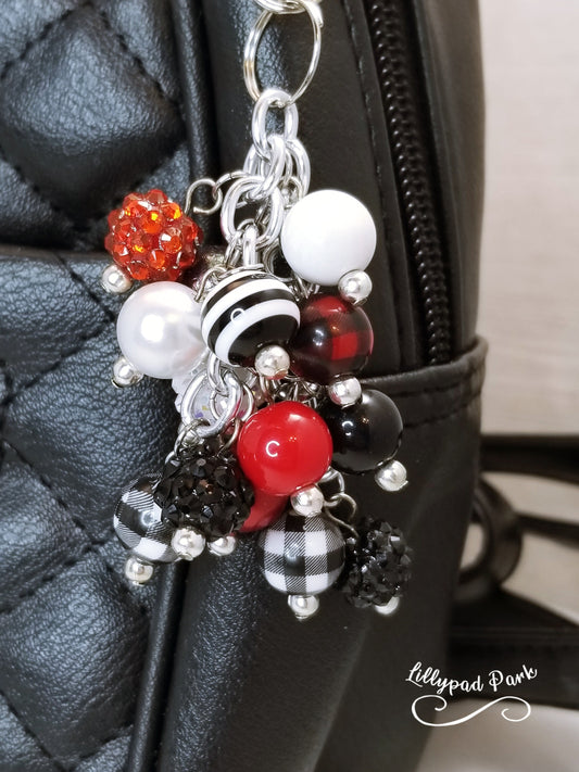 Back Pack Charm, Buffalo Plaid Red, Black and White Purse charm, Bag Charm, Purse accessory, Beaded accessory