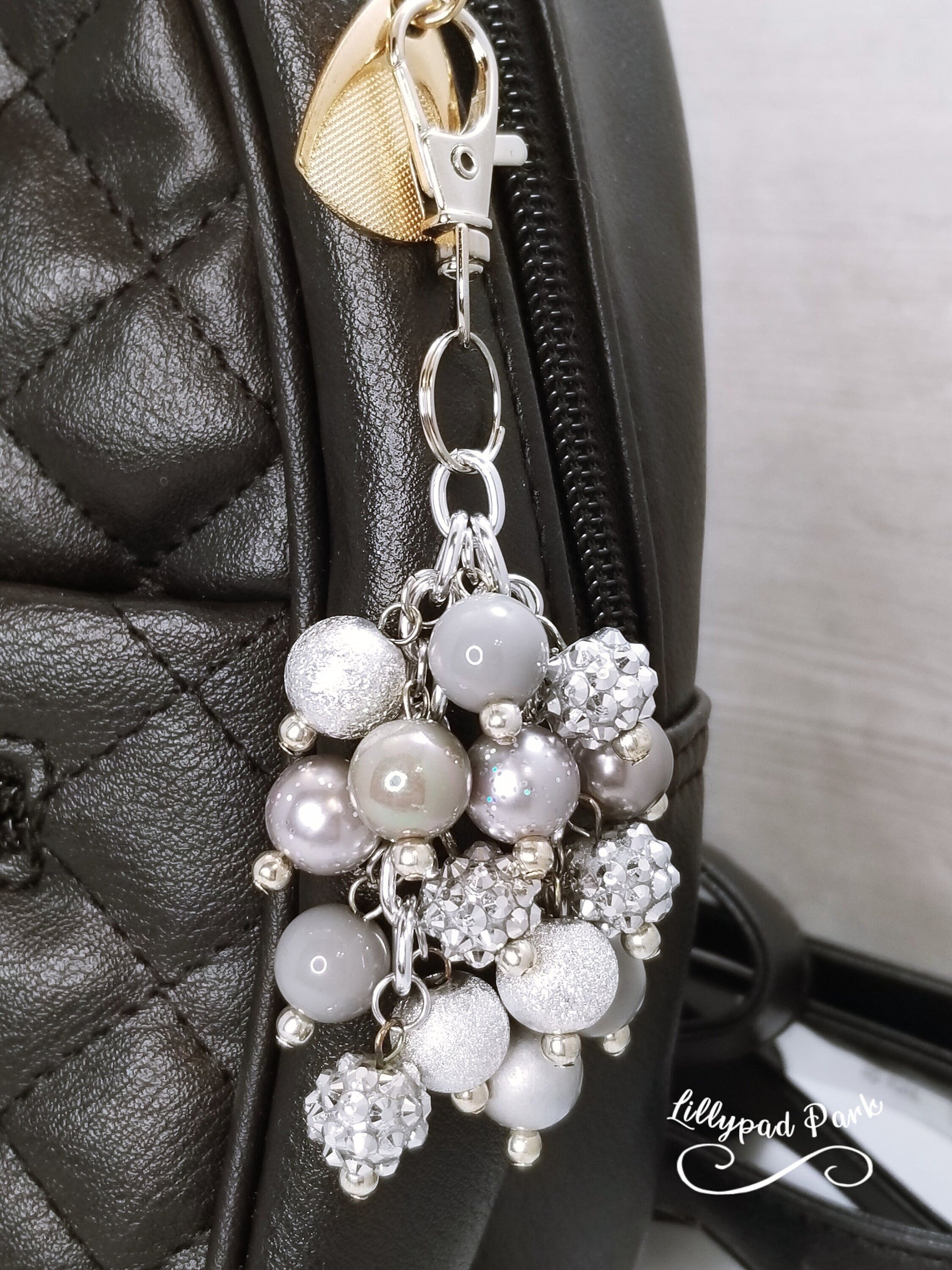 Gray and Silver Purse charm, Back Pack Charm, Bag Charm, Purse accessory, Beaded accessory