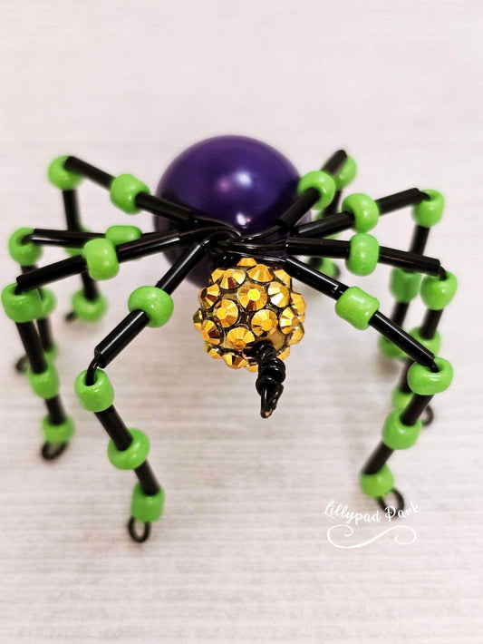 Green, Purple and Gold Beaded Spider, Mardi Gras Spider, Beaded Mardi Gras Charm